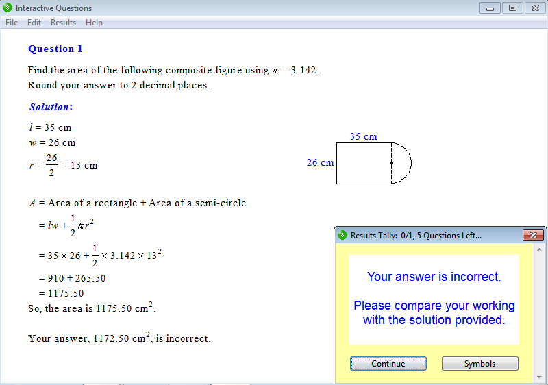 Solution for a question from Year 8 Interactive Maths, Chapter 12: Area of Plane Figures, Exercise 15: Area of a Composite Figure.